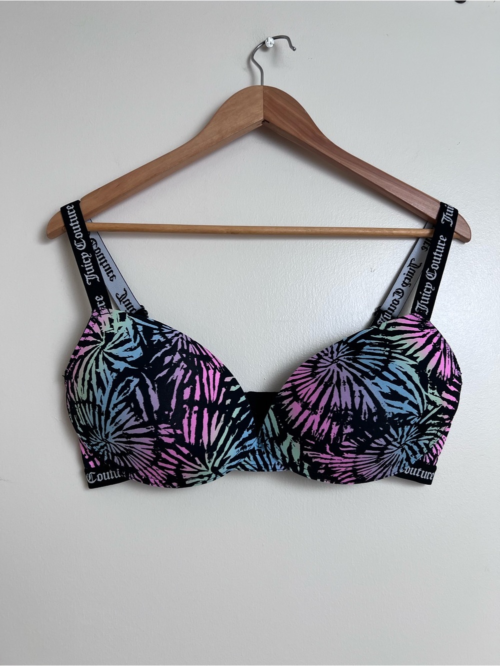 Juicy Couture Tie Dye Burst Print T-Shirt Bra 36D Logo Strap Pastel